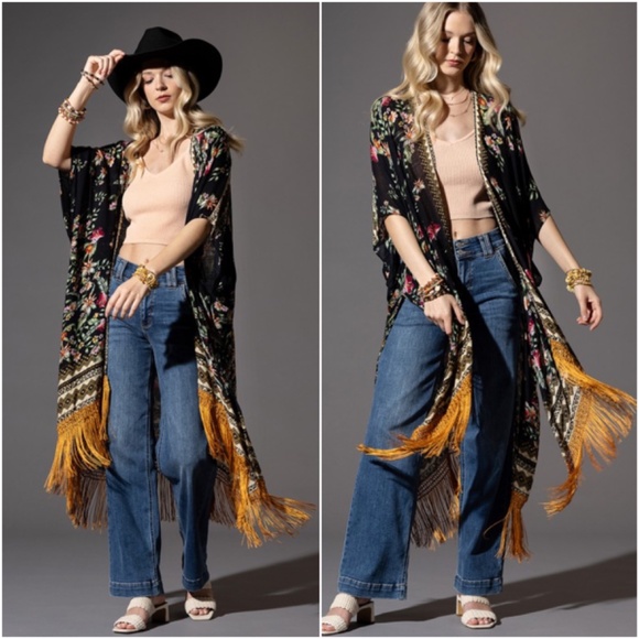 022 Boho Floral Geo Print Tassel Open Front Kimono Cover up - Picture 5 of 5